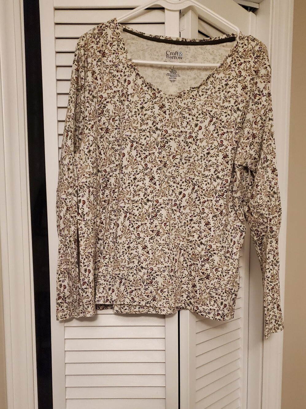 croft & barrow Cream Floral-Print Long Sleeve Top